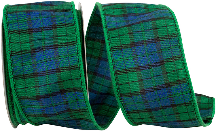 Black Watch tartan plaid wired edge ribbon in green, blue, and black on a spool.