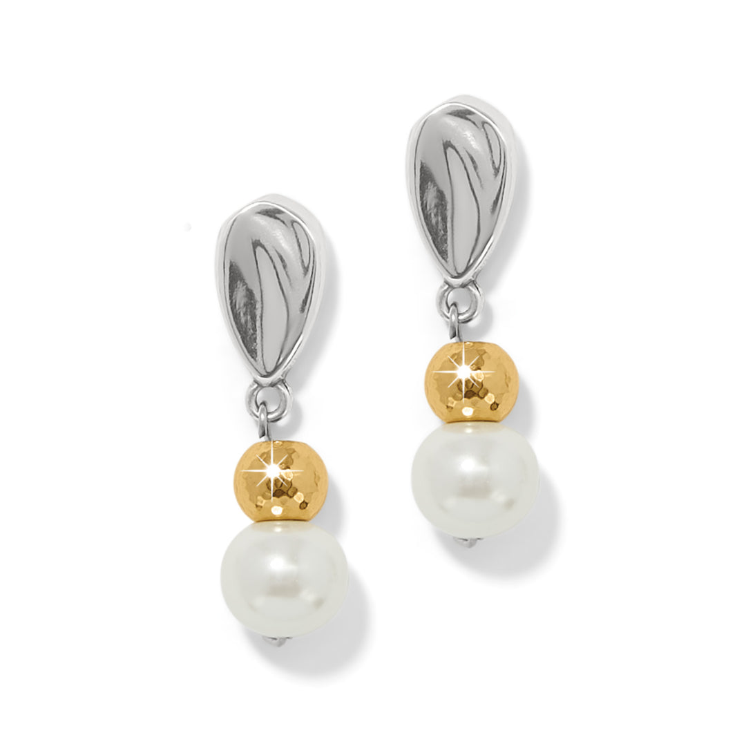 Cascade Unity Pearl Post Drop Earrings with silver-tone tops, gold hammered beads, and white pearls.