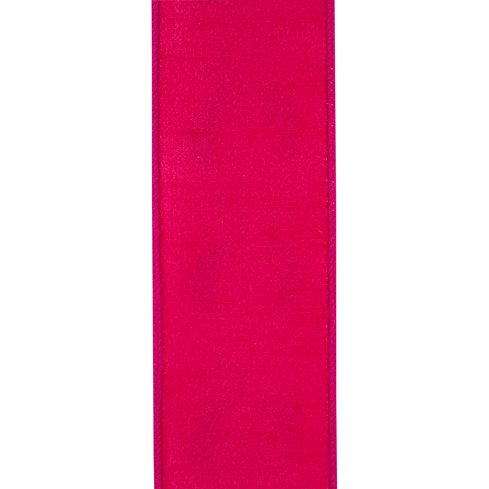 Close-up of fuchsia pink wired edge ribbon with a subtle textured silk-like finish.