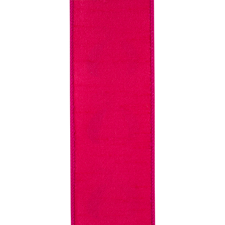 Close-up of fuchsia pink wired edge ribbon with a subtle textured silk-like finish.
