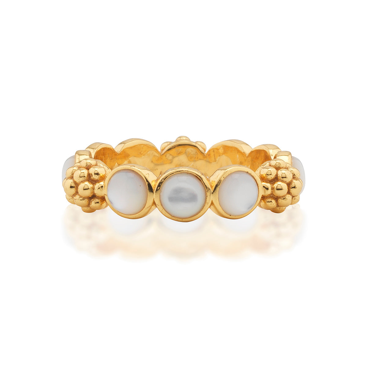Berry Gem Ring in 18K gold plated brass featuring three white round gems and beaded gold accents.