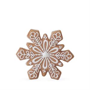 Polyresin gingerbread snowflake ornament with white icing outline detail.
