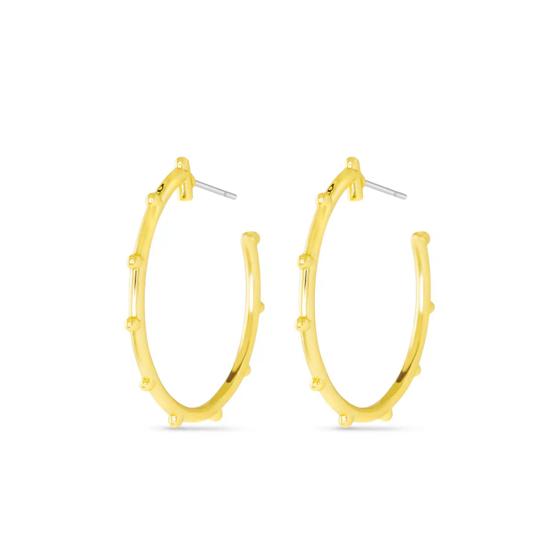 Pair of gold polished Dorthy hoop earrings with small decorative studs along the outer edge.