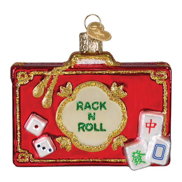 Red glass Rack N Roll Mahjong ornament with glitter accents, dice, and mahjong tiles.