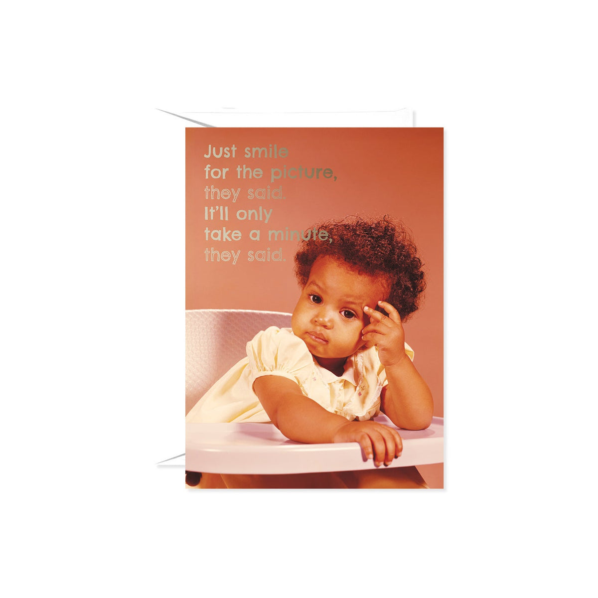Gold foil card featuring a baby illustration with humorous message text.