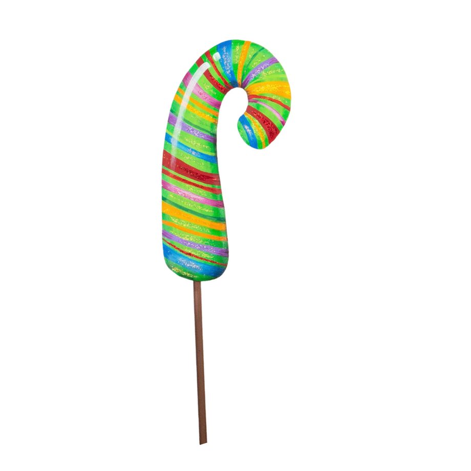 Red candy cane shaped decorative stakes with white stripes.