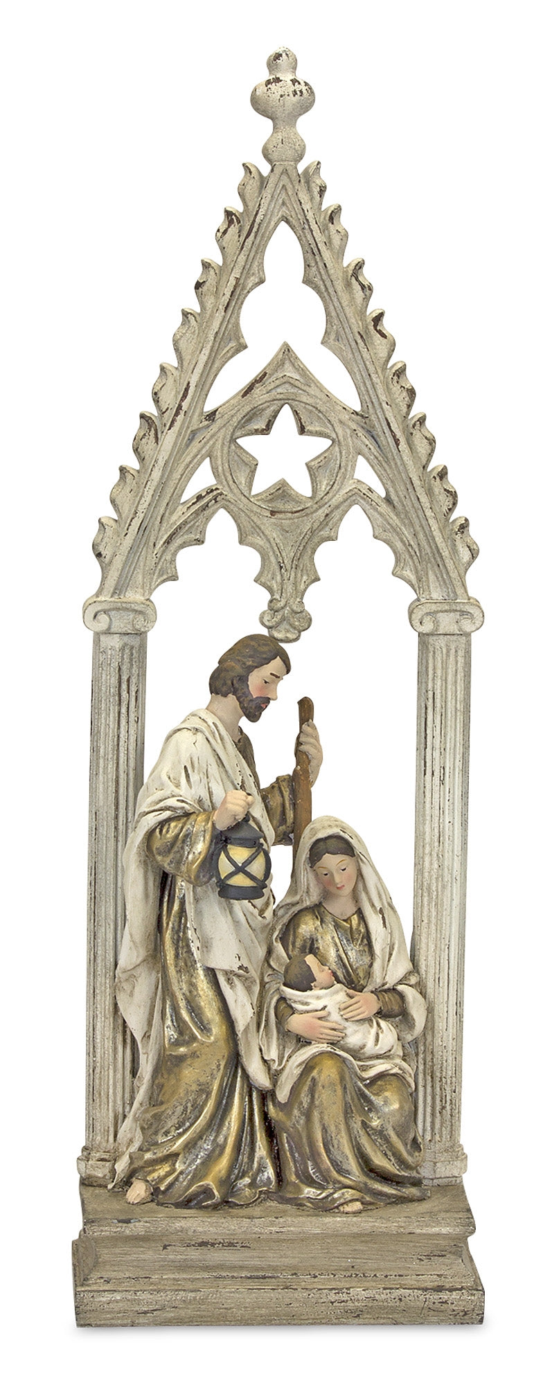 Holy Family nativity scene with Joseph, Mary, and baby Jesus under a tall gothic arch.
