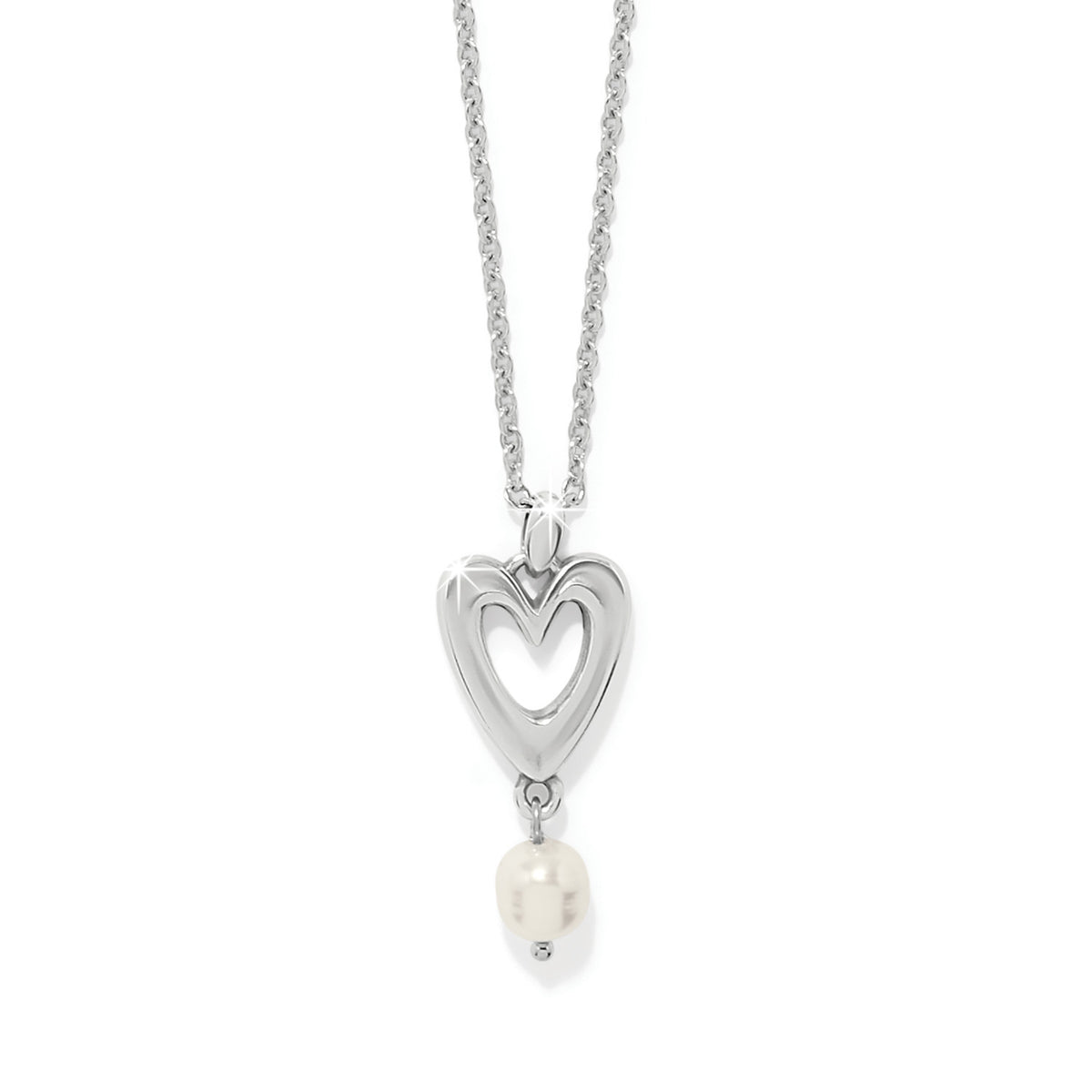 Silver-plated petite necklace with an open heart pendant featuring a baroque pearl drop on an adjustable chain.