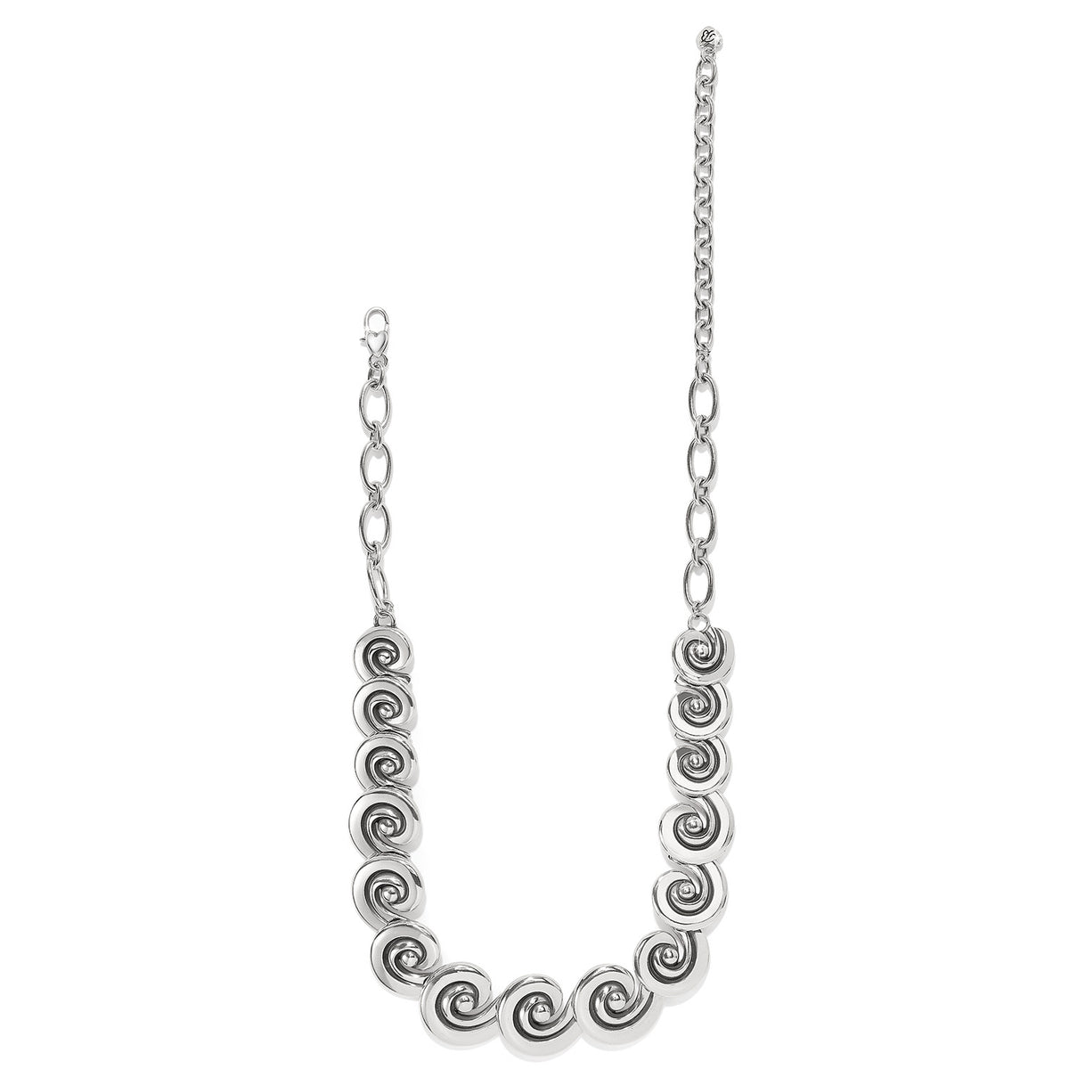 Silver plated adjustable necklace with a swirl pendant on an 16- to 18-inch chain.