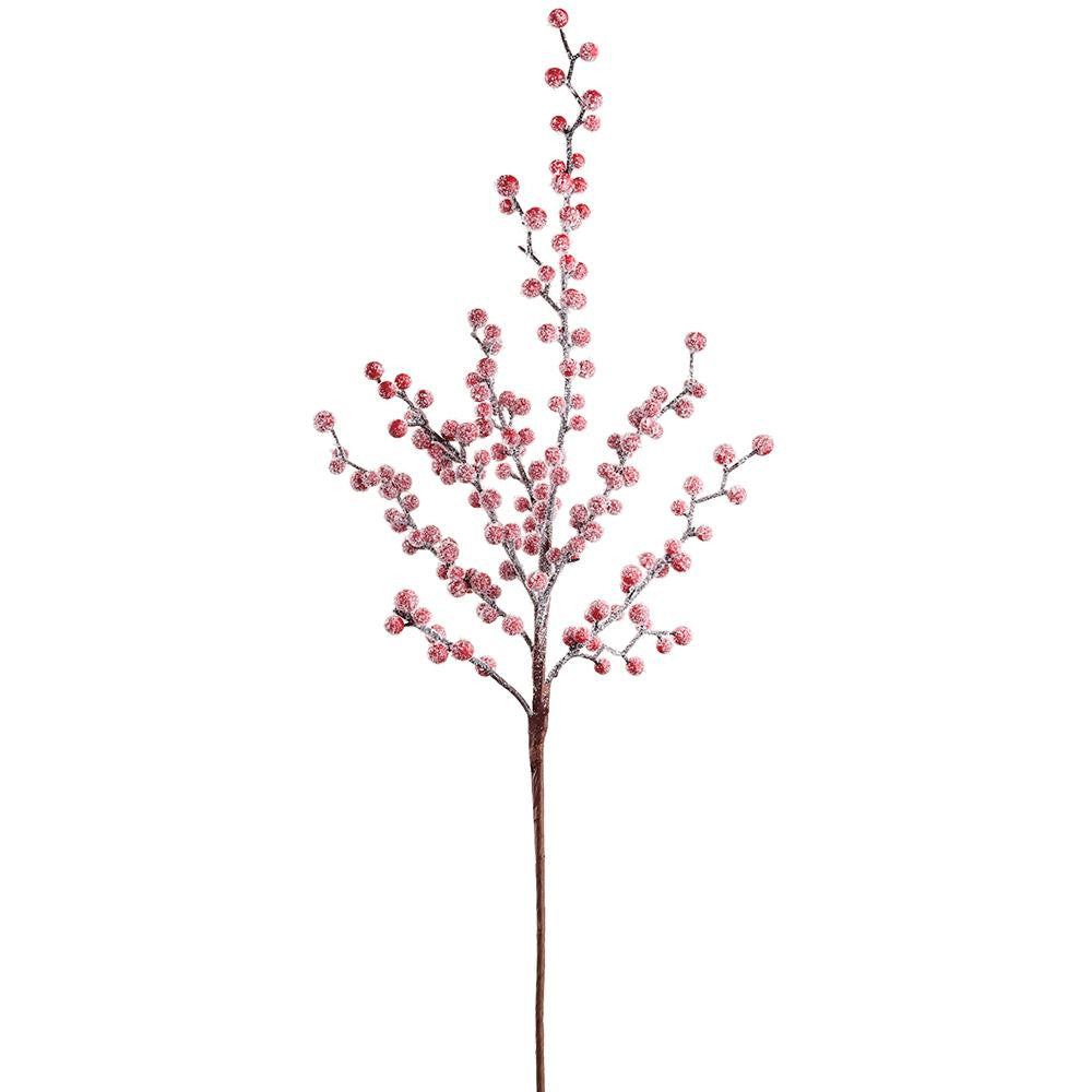 32-inch red berry spray with a frosted snow finish on a brown wire stem.