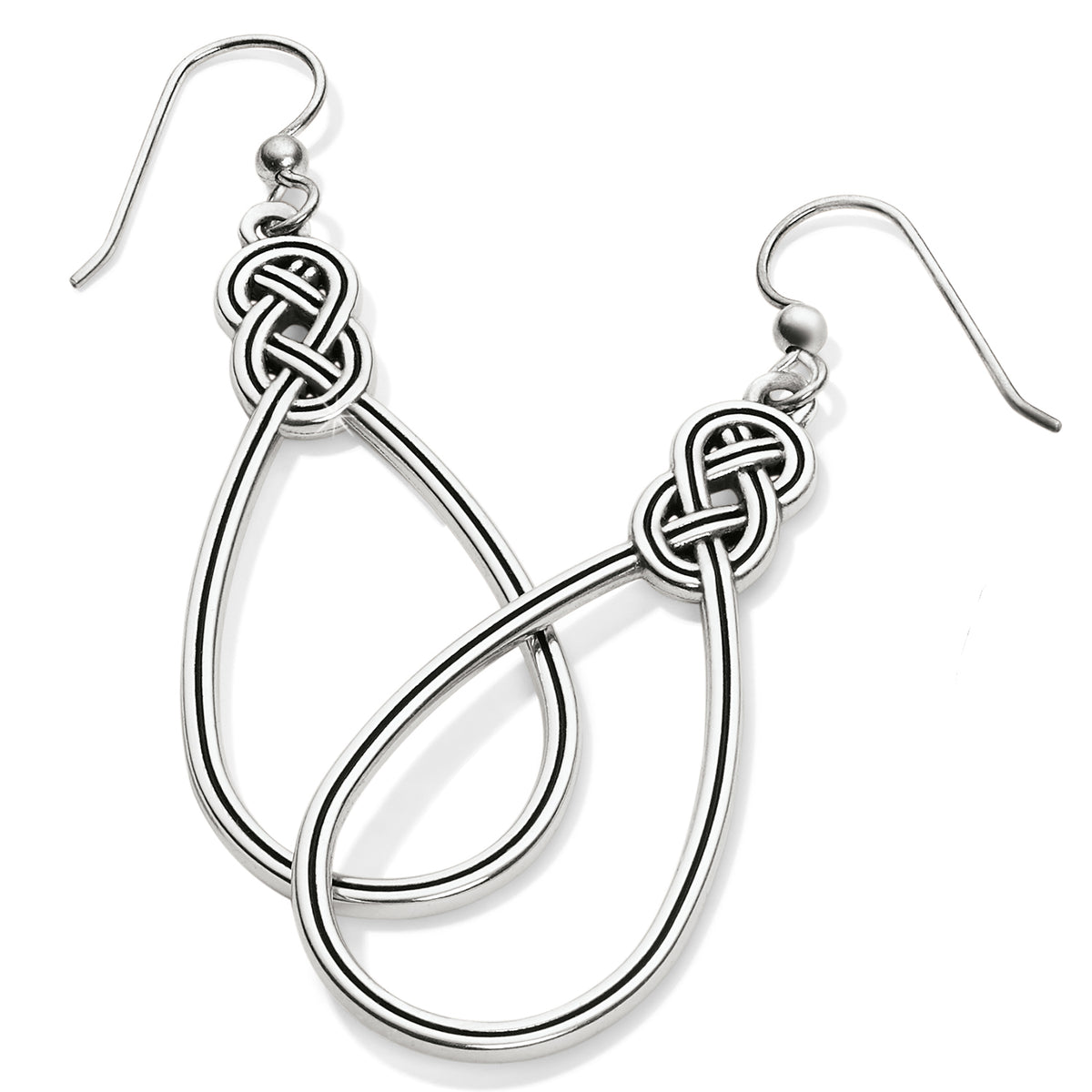 Interlok silver plated French wire drop earrings with a Celtic knot design and teardrop shape.
