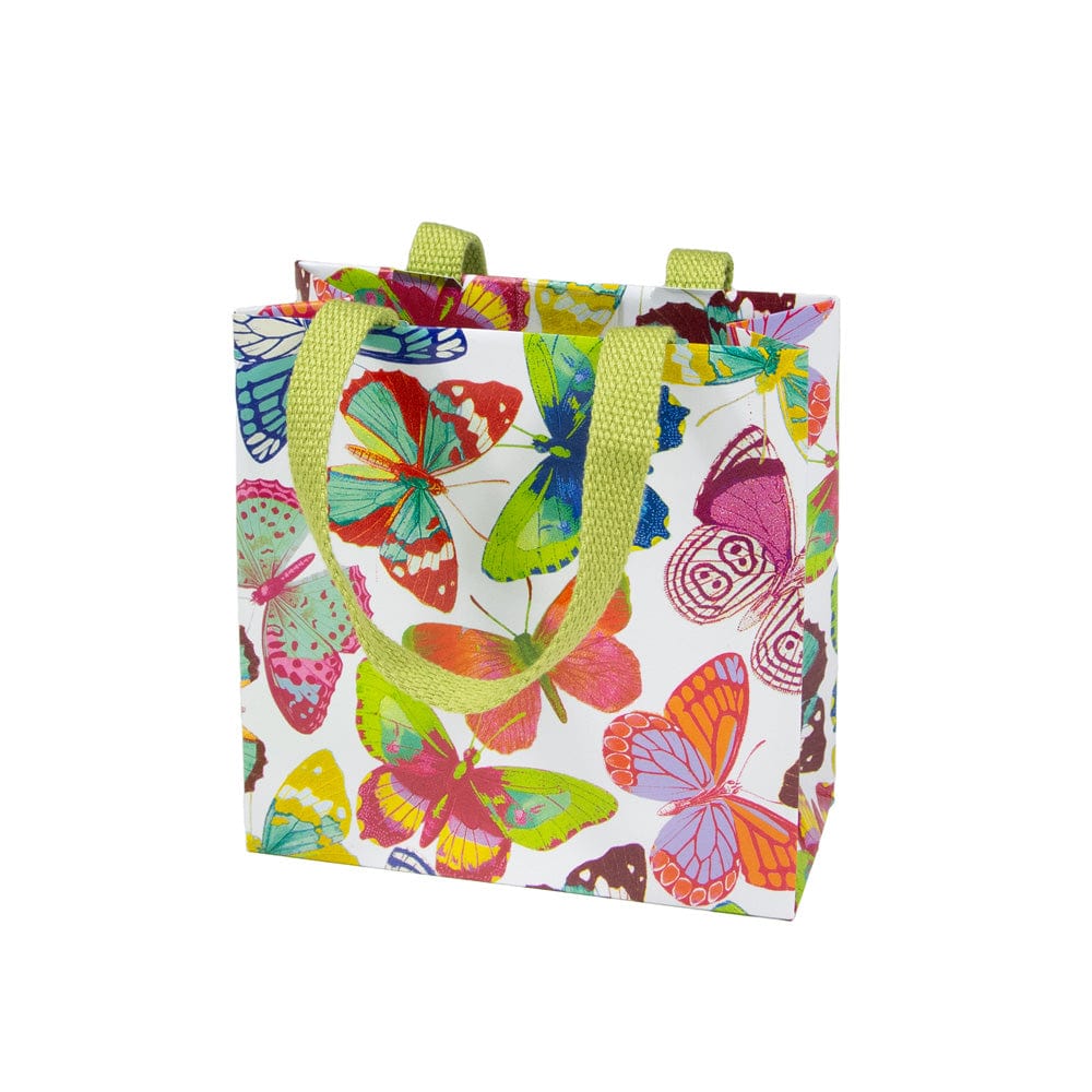 Small square gift bag with butterfly print on durable paper featuring a strong carrying handle.