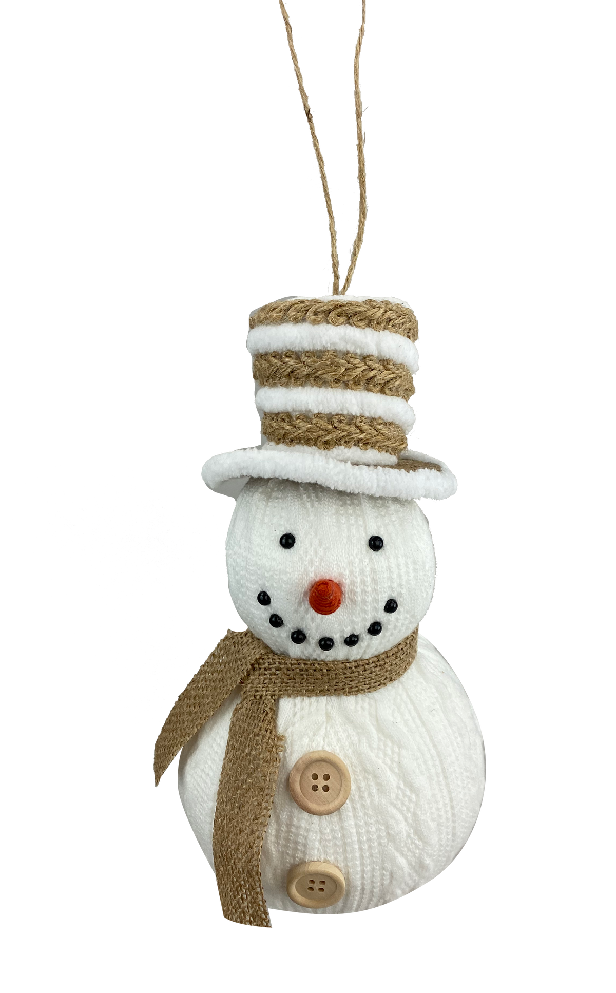 Knitted snowman ornament with a burlap scarf, striped top hat, and wooden buttons.