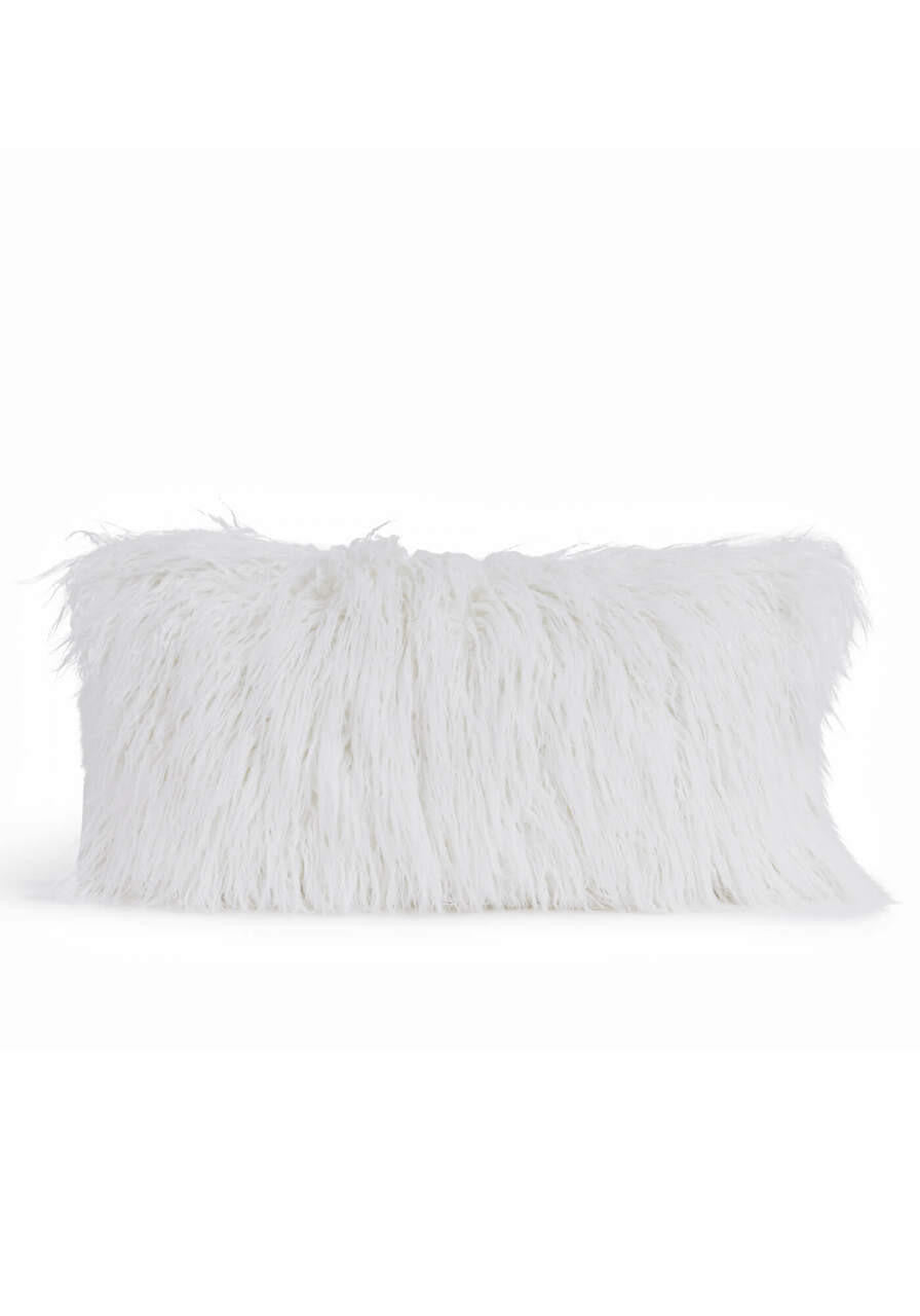White Tibetan lamb faux fur rectangular pillow with long, shaggy pile.