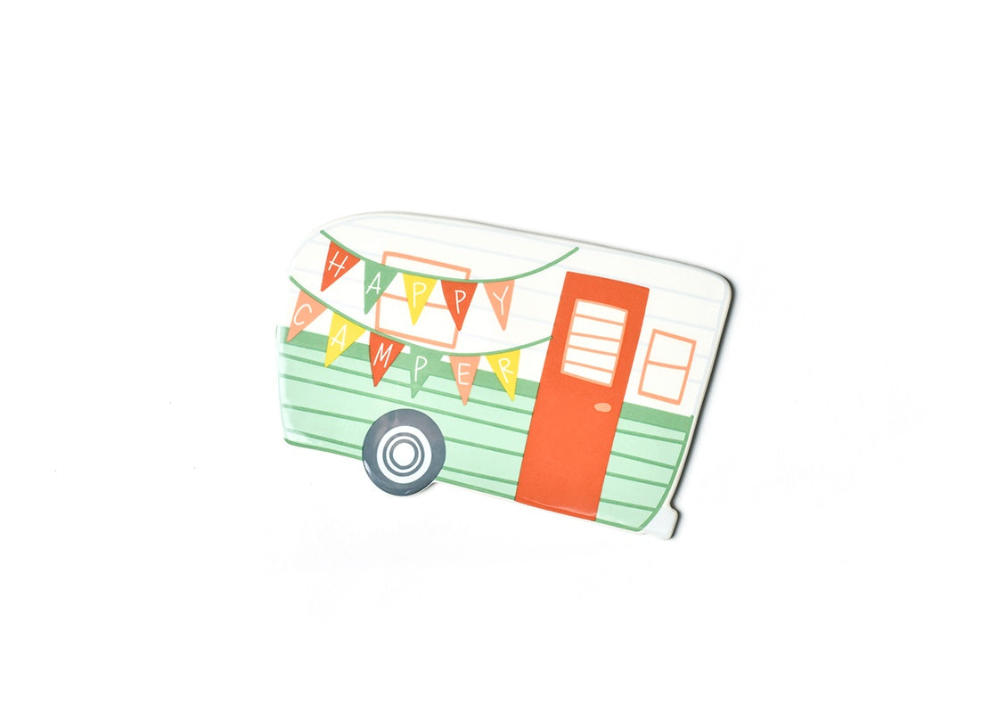 Happy Camper big attachment toy in blue with a smiling face pattern on white fabric.