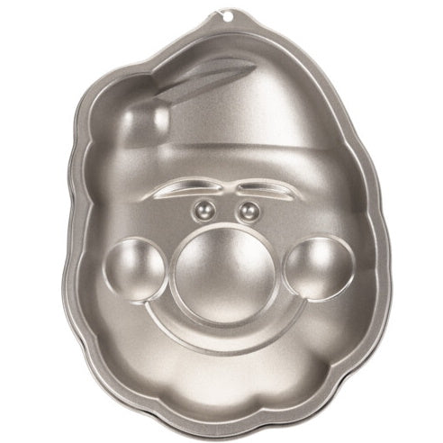 Non-stick Santa Claus face shaped cake mould in silver metal.