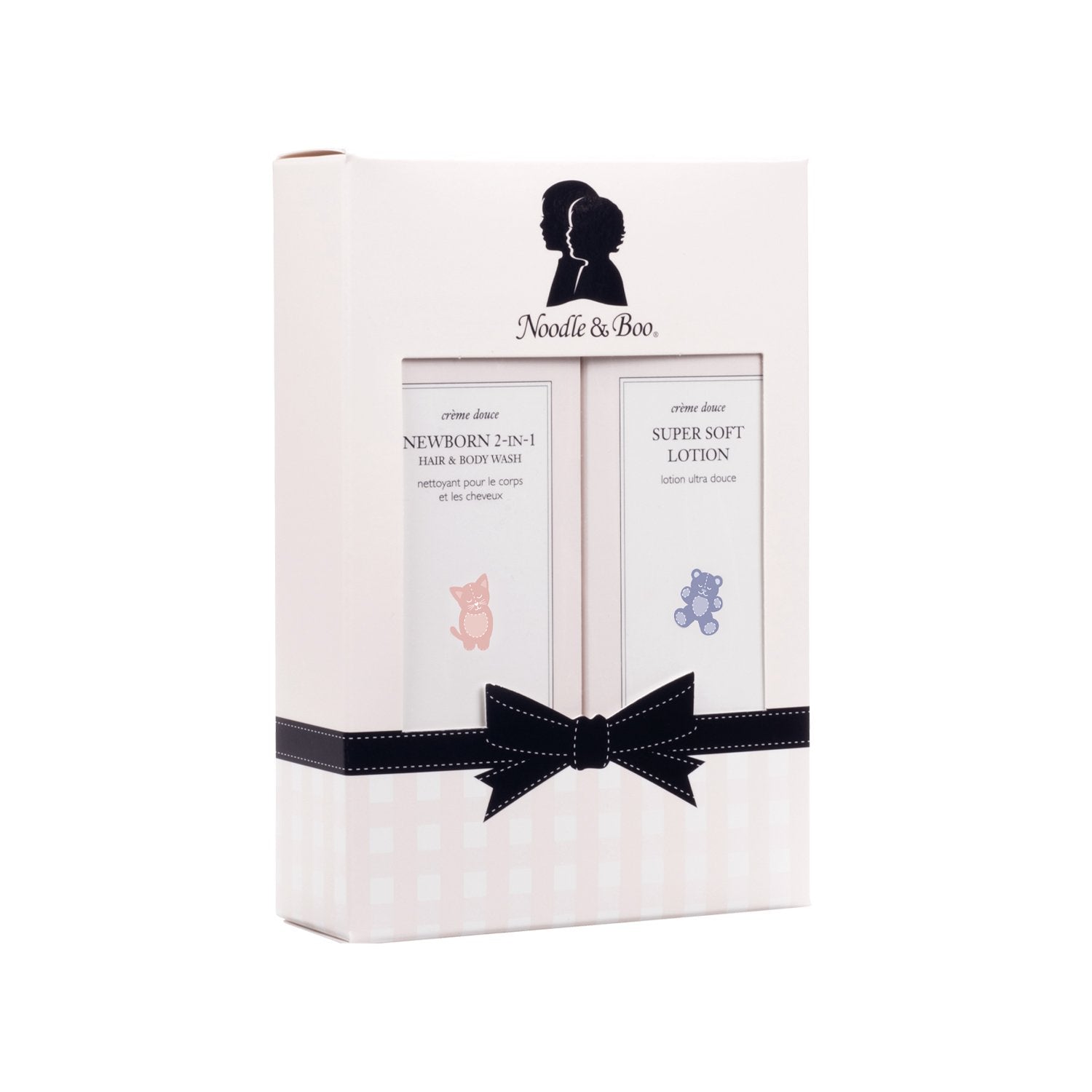 Newborn gift set featuring a soft lotion bottle with pump top.