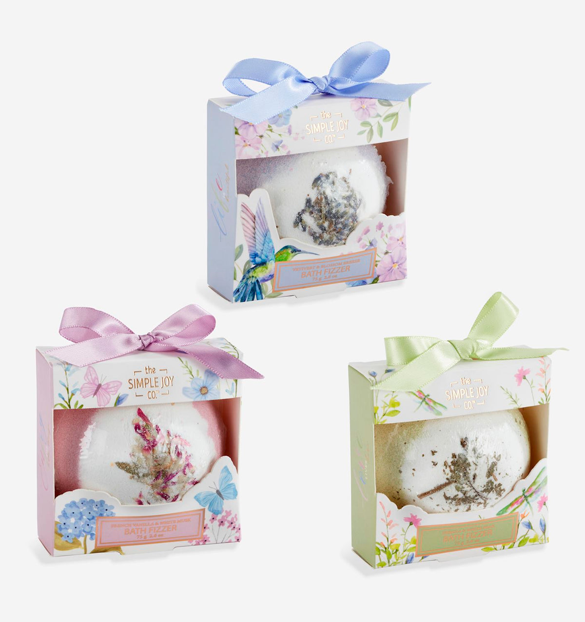 Garden Joy scented bath fizzer in a round container with pastel green floral pattern.