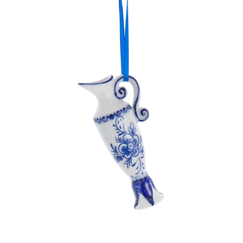 Blue and white ceramic vase ornament with floral patterns and a blue hanging ribbon.