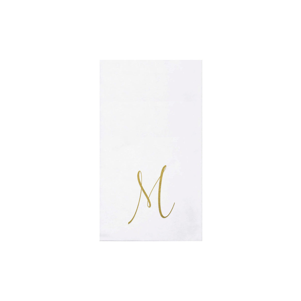 Folded gold monogram guest towels made from absorbent spunlace material.