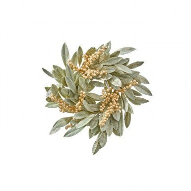 16 inch Gold Berry Bay Leaf Wreath with shimmering gold berries and pale green leaves.