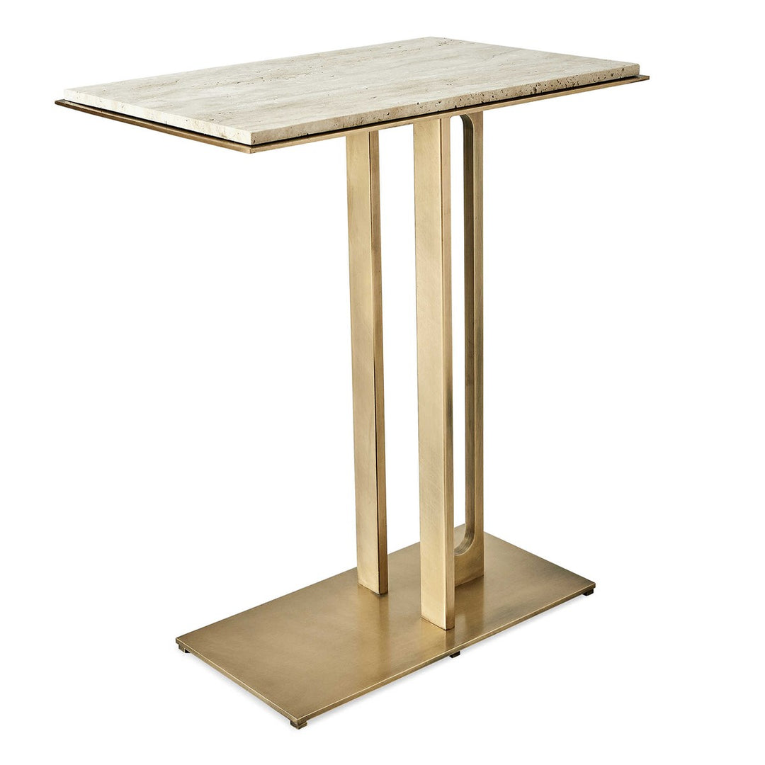 Cantilever accent table in travertine stone with a curved silhouette