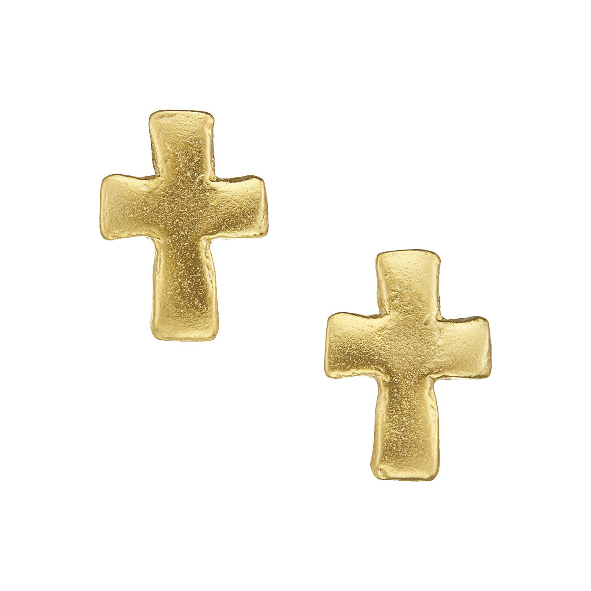 Pair of small, textured 24k gold-plated cross stud earrings on a white background.