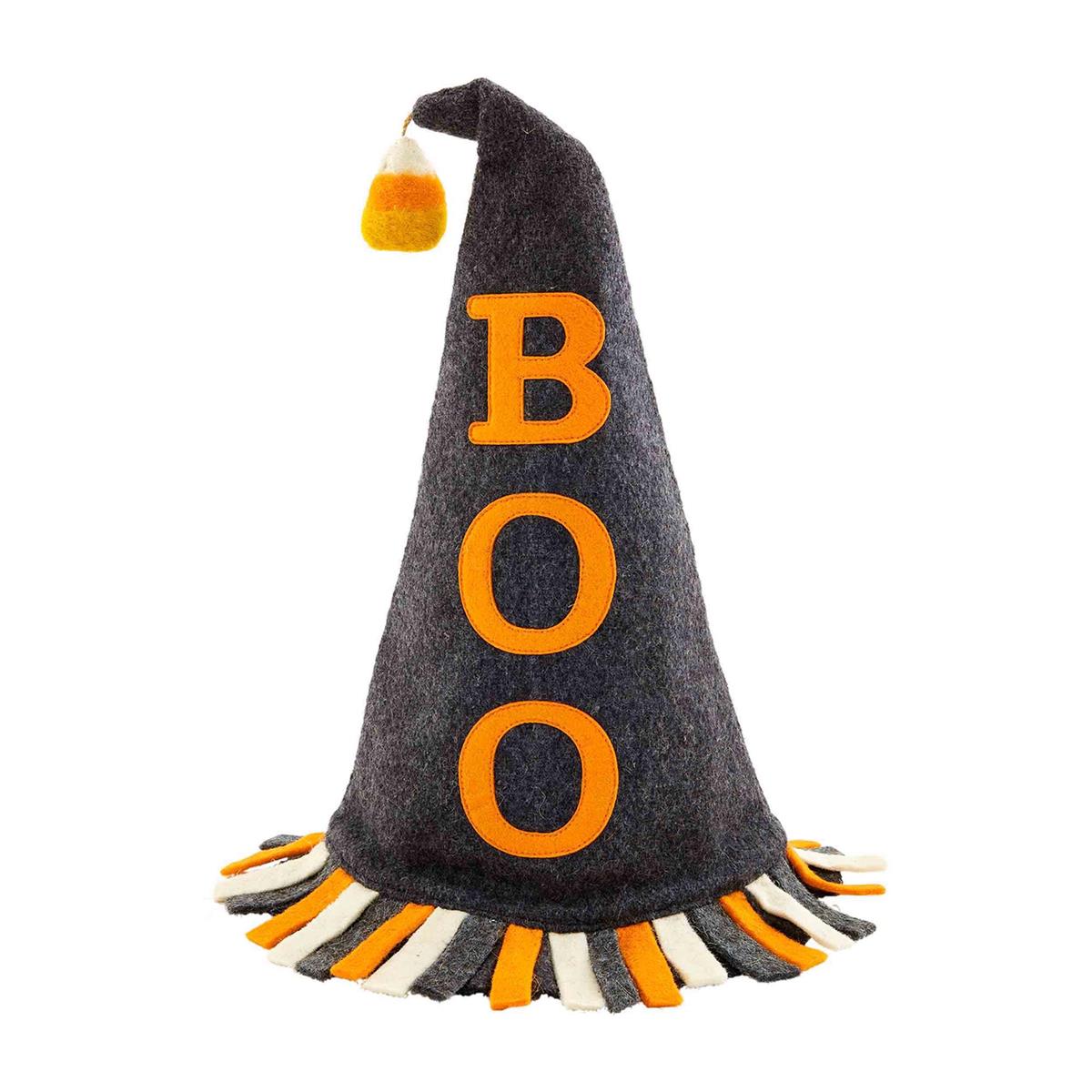 Black felt witch hat with a wide brim and pointed crown