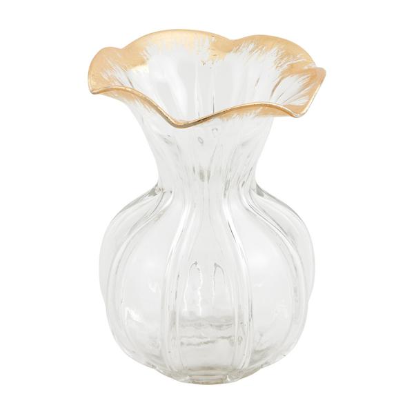 Glass vase with gold ruffled rim and fluted body