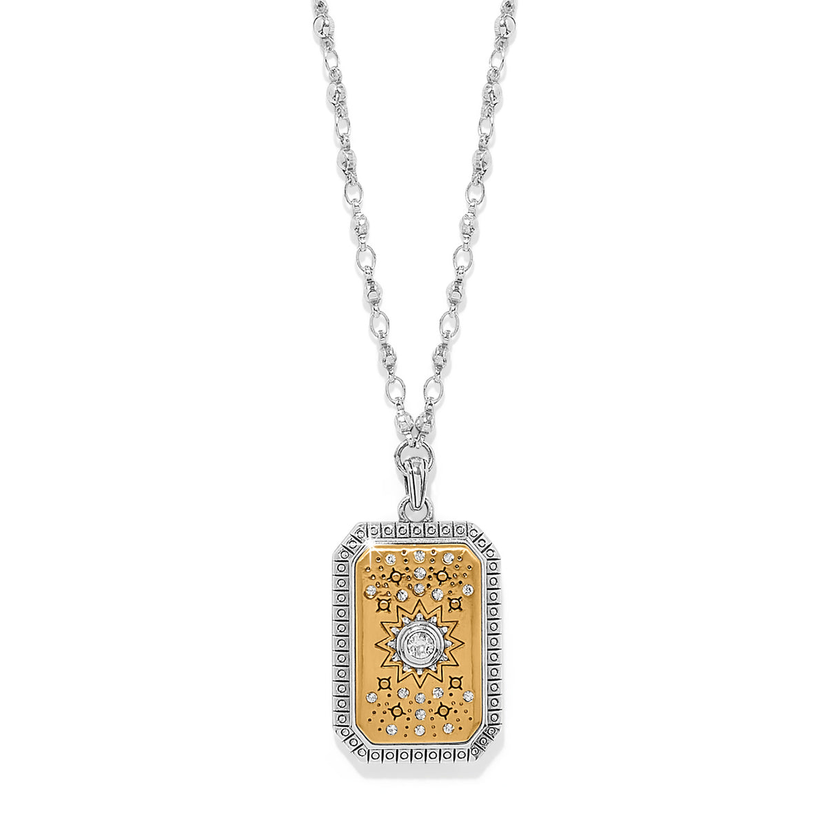 Two-tone silver-gold mosaic crystal pendant necklace on an adjustable lobster claw chain.
