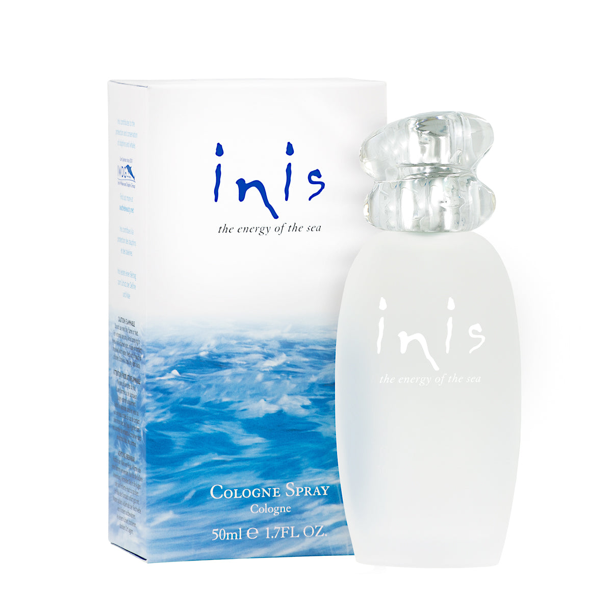 Frosted glass bottle with pebble-style cap containing Inis Cologne Spray
