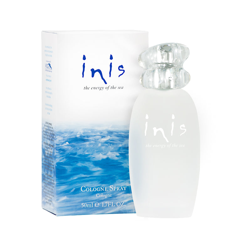 Frosted glass bottle with pebble-style cap containing Inis Cologne Spray
