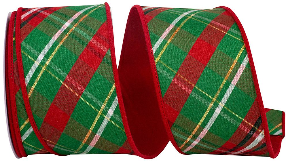 Red-backed wired edge ribbon with diagonal red and green plaid pattern