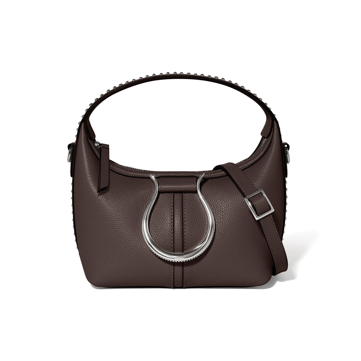 Dark brown pebbled leather Willow Crossbody Bag with silver horseshoe hardware and studded handle.