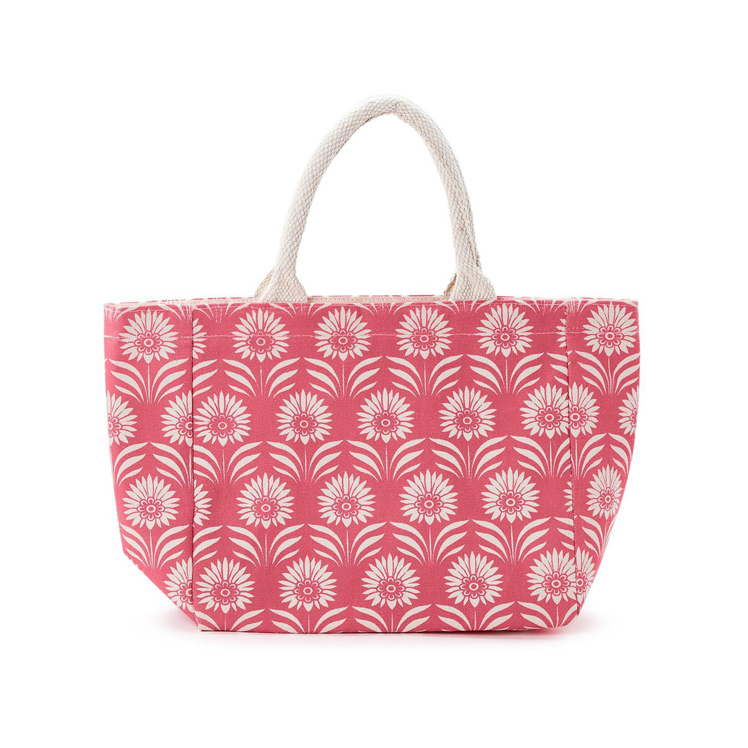 Cotton lunch tote bag with palm deco print pattern, thermal insulation lining, Velcro closure, and tan silhouette.