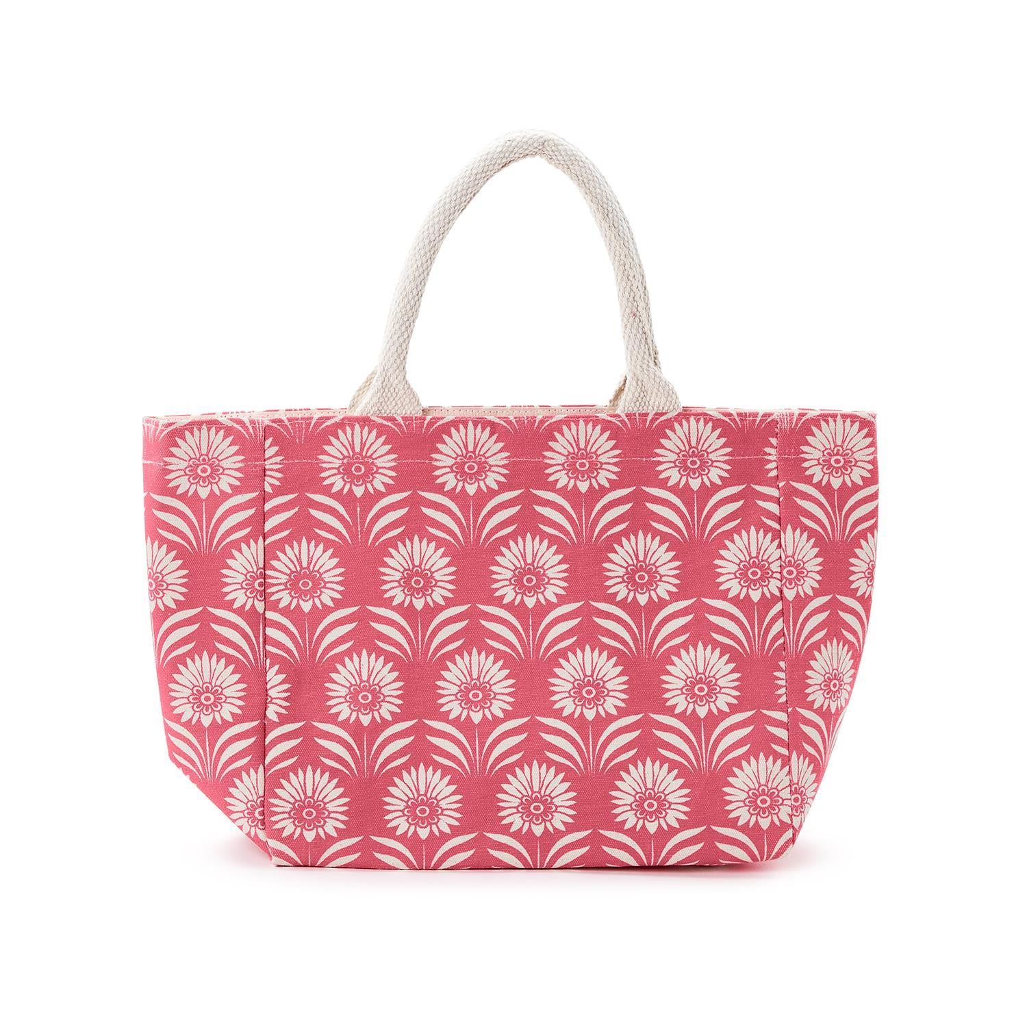 Cotton lunch tote bag with palm deco print pattern, thermal insulation lining, Velcro closure, and tan silhouette.