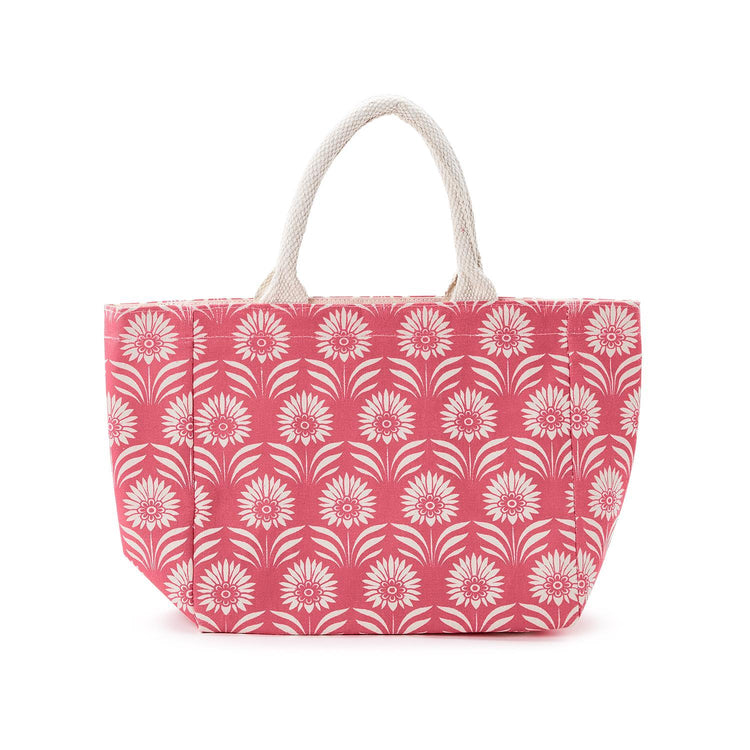 Cotton lunch tote bag with palm deco print pattern, thermal insulation lining, Velcro closure, and tan silhouette.