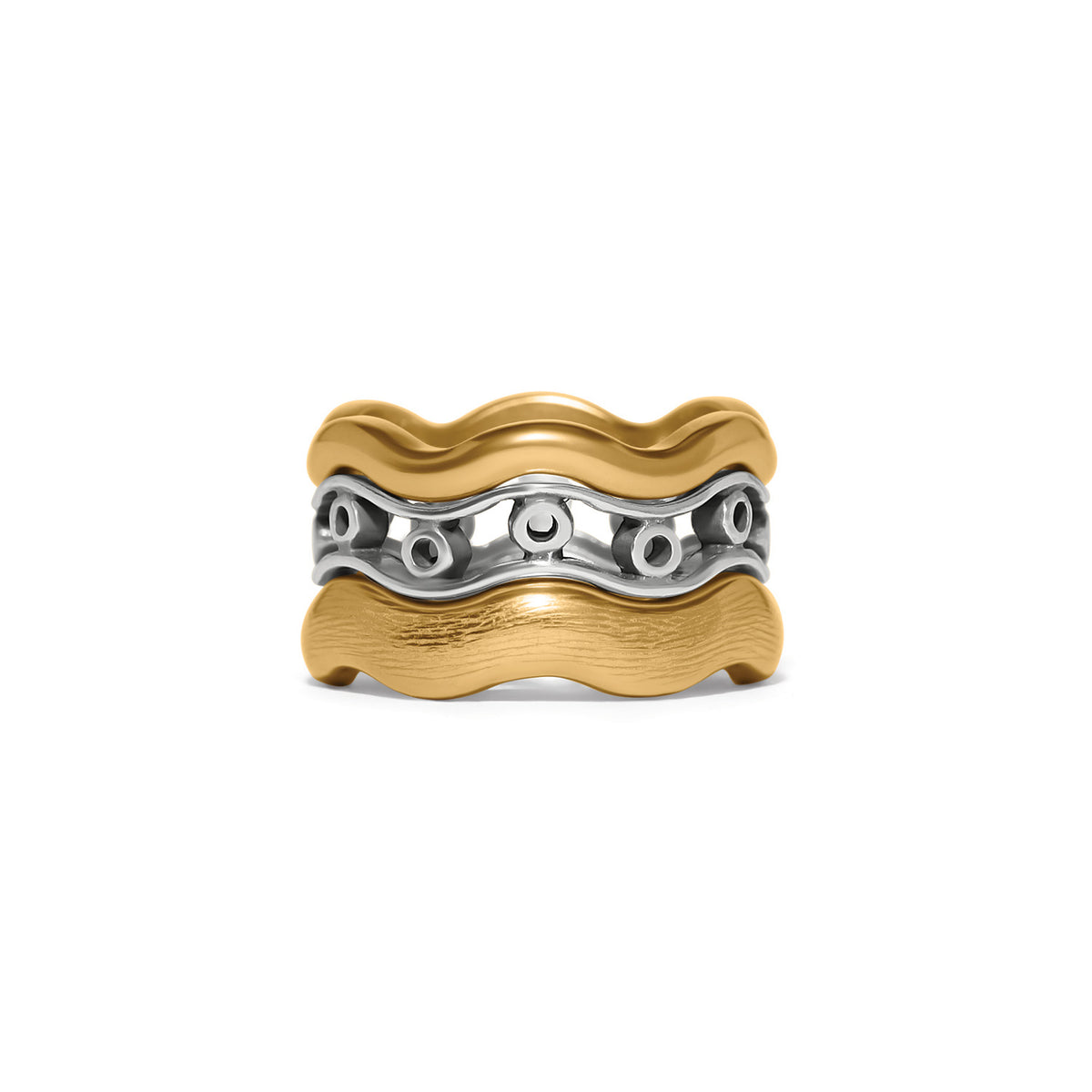 Inner Circle Trio Rings featuring two wavy gold bands and one silver band with circular cutouts.