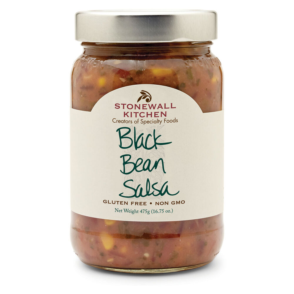A 16.75 oz jar of Stonewall Kitchen Black Bean Salsa with a silver lid and white label.