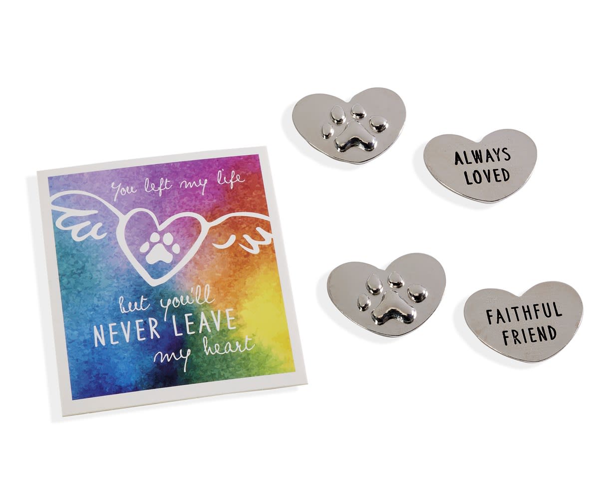 Alloy heart pendant with acrylic insert reading ALWAYS LOVED/NEVER LEAVE MY HEART