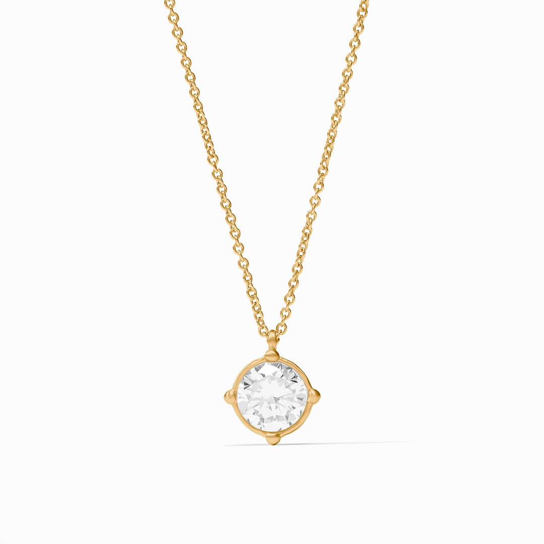 Honeybee Solitaire Necklace with a round faceted gemstone and four gold beads on a cable chain.
