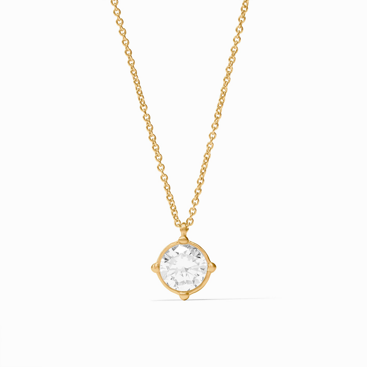 Honeybee Solitaire Necklace with a round faceted gemstone and four gold beads on a cable chain.