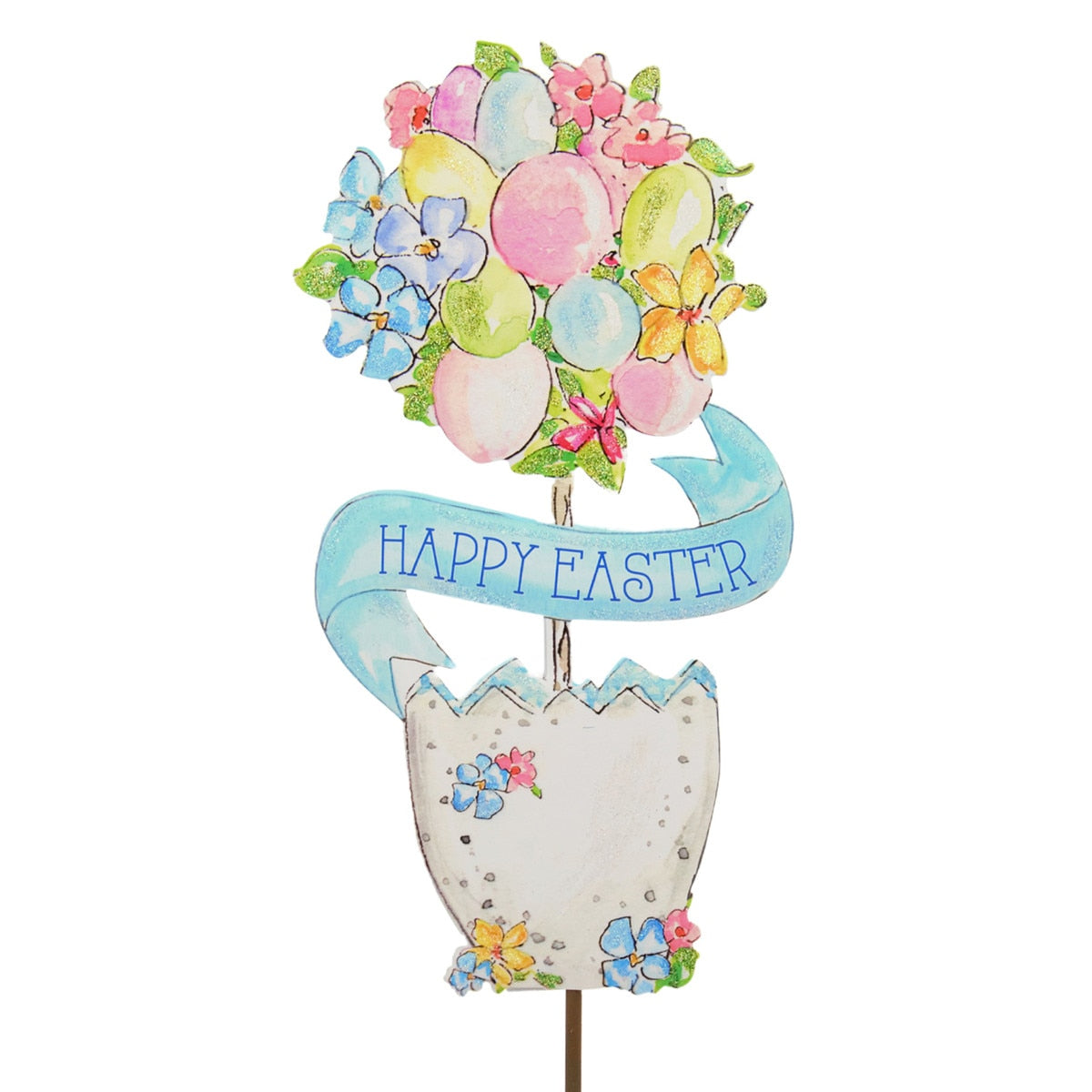 Beck's Happy Easter Egg Topiary stake in white ceramic with green foliage and a yellow chick design.
