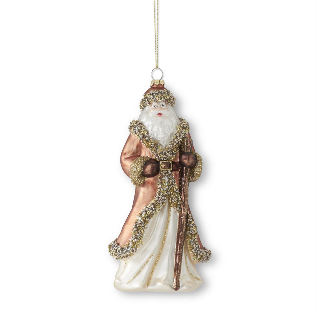 7.75 inch brown coat blown glass vintage Santa ornament with glitter trim and a staff.