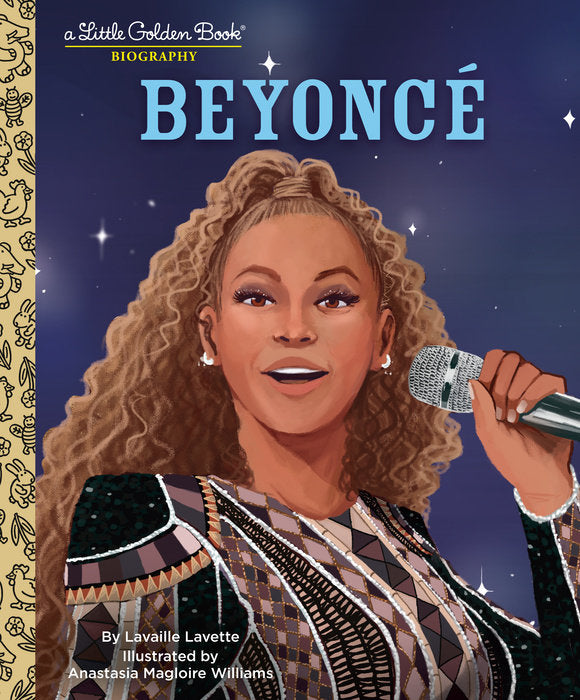 Hardcover biography book titled Beyonce: A Little Golden Book Biography with gold foil lettering on a black cover.