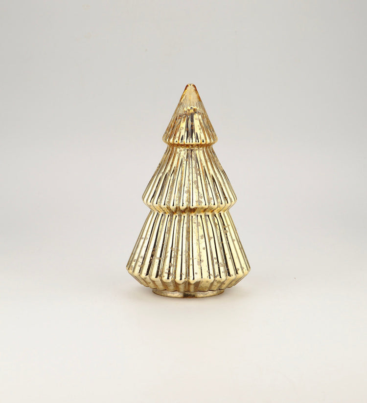 Mercury glass Christmas tree with a reflective silver finish and classic conical silhouette.