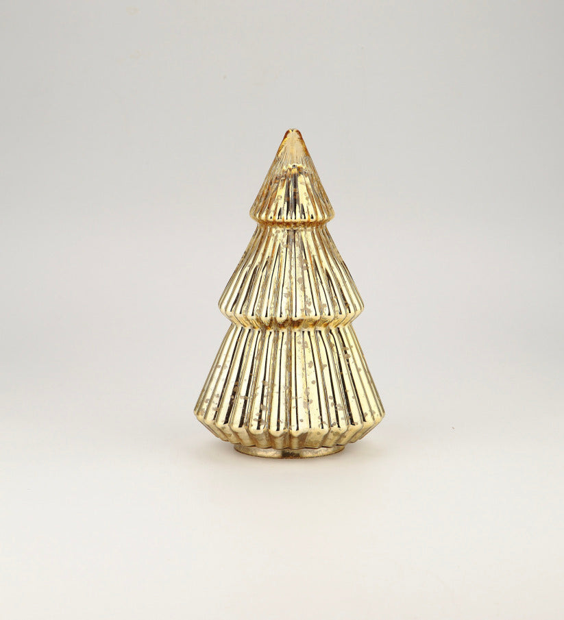 Mercury glass Christmas tree with a reflective silver finish and classic conical silhouette.