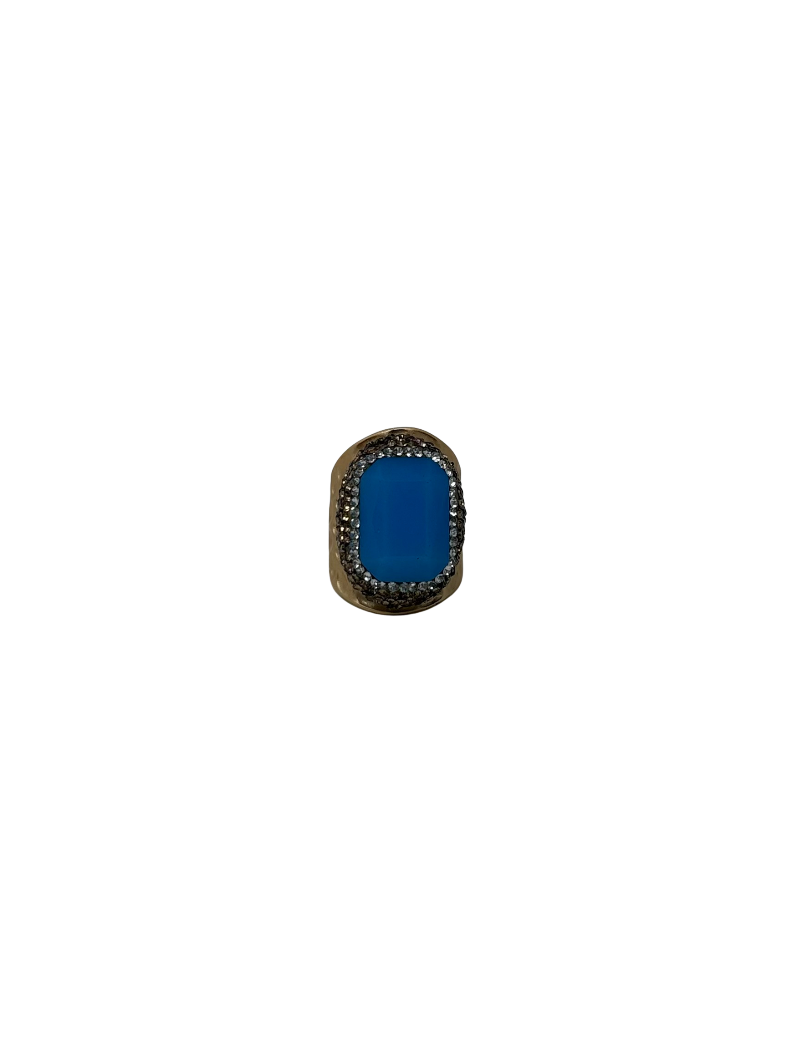 Gold-tone fashion ring featuring a large rectangular blue gemstone surrounded by small crystals.