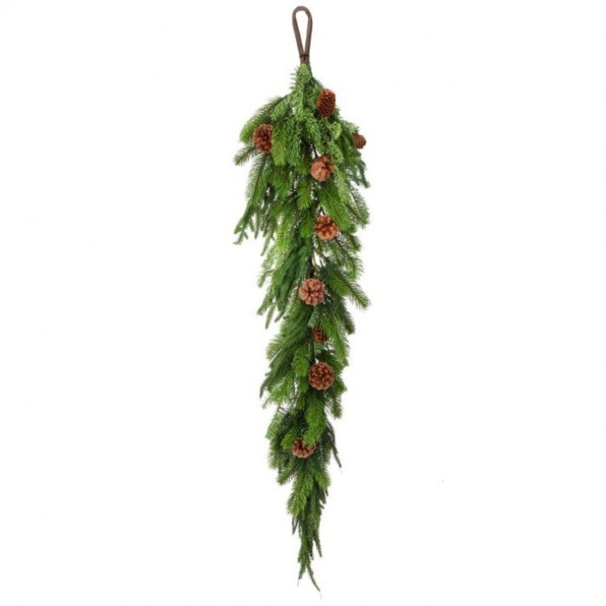 48-inch Real Touch Norfolk, Spruce, and Juniper teardrop swag with natural pinecones.