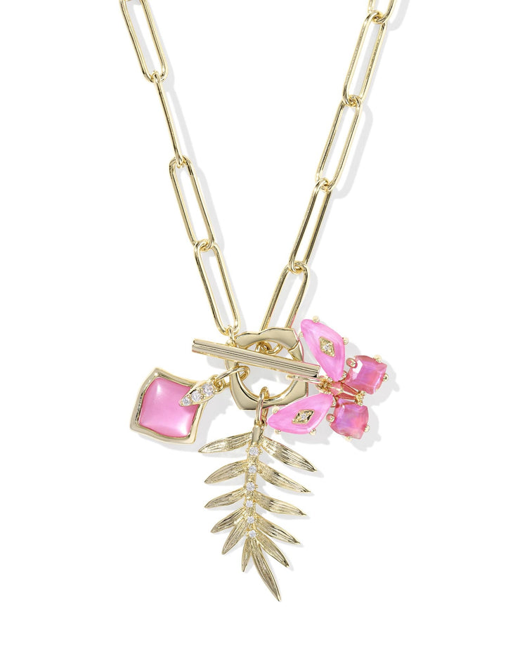 Gold chain necklace featuring a pink butterfly charm with mixed metallic accents.